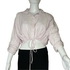 YFB lavender button up long sleeve Crop top Drawstring waist blouse-Small